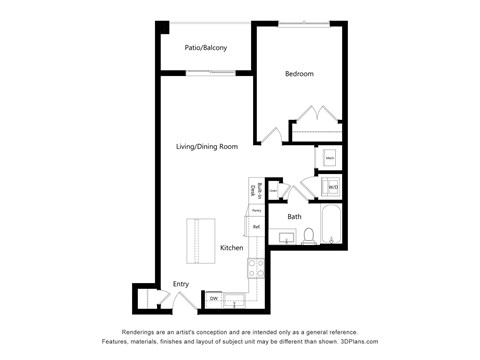 A floor plan of a house with a living room, dining room, kitchen, bath, bedroom and patio/balcony.